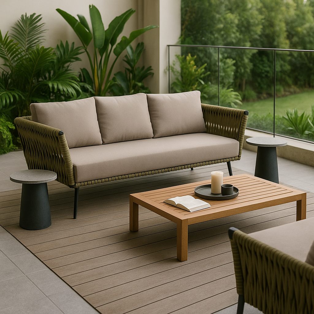 Composição com sofá externo, mesa de centro e mesas laterais